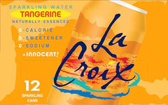 Close-up of La Croix Tangerine label highlighting natural essences and eco-friendly packaging.