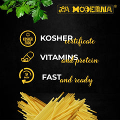 La Moderna noodles served on a plate with colorful vegetables.