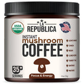 La Republica Instant Mushroom Coffee bag close-up showing organic packaging for premium taste.