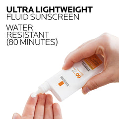 La Roche-Posay Anthelios Light Fluid texture close-up shows matte, non-greasy finish.