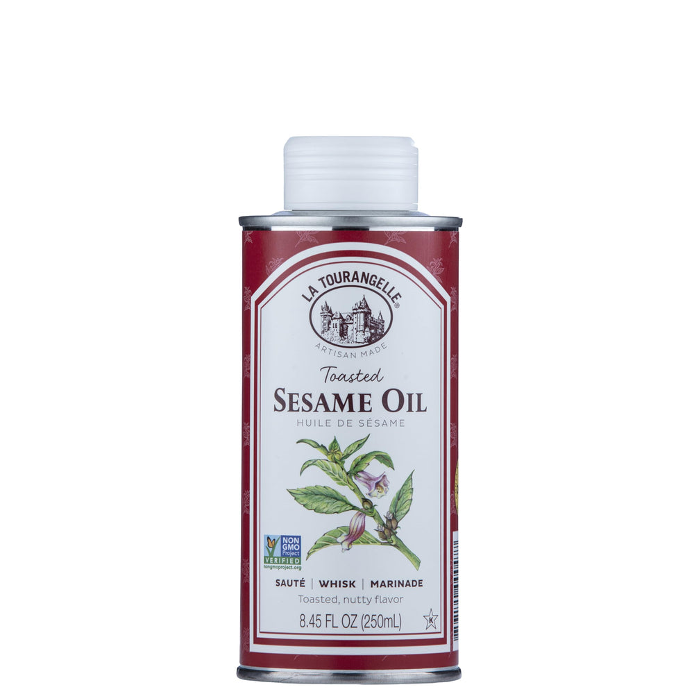 La Tourangelle toasted sesame oil bottle highlights premium flavor for Asian-inspired dishes.
