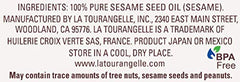 La Tourangelle toasted sesame oil label closeup emphasizes heritage and quality ingredients.