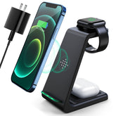 LABJOB 3-in-1 charging station front view keeps iPhone, Apple Watch, and AirPods neatly charged.