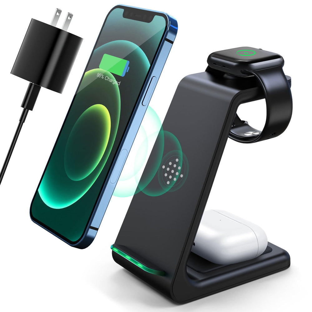 LABJOB 3-in-1 charging station front view charges iPhone, Apple Watch, and AirPods together