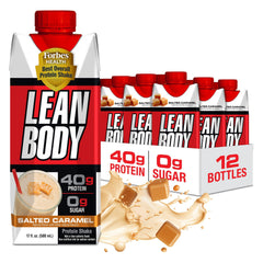 Labrada Lean Body RTD salted caramel bottle pour shows creamy protein on the go.
