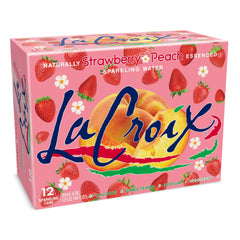 La Croix Strawberry Peach bottle with bubbles, showcasing natural flavor for a refreshing sip.