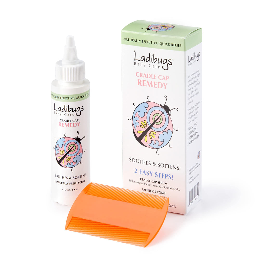 Ladibugs cradle cap serum applied to dry hair for gentle scalp care.