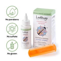 Ladibugs remedy kit packaging shown for easy cradle cap care.