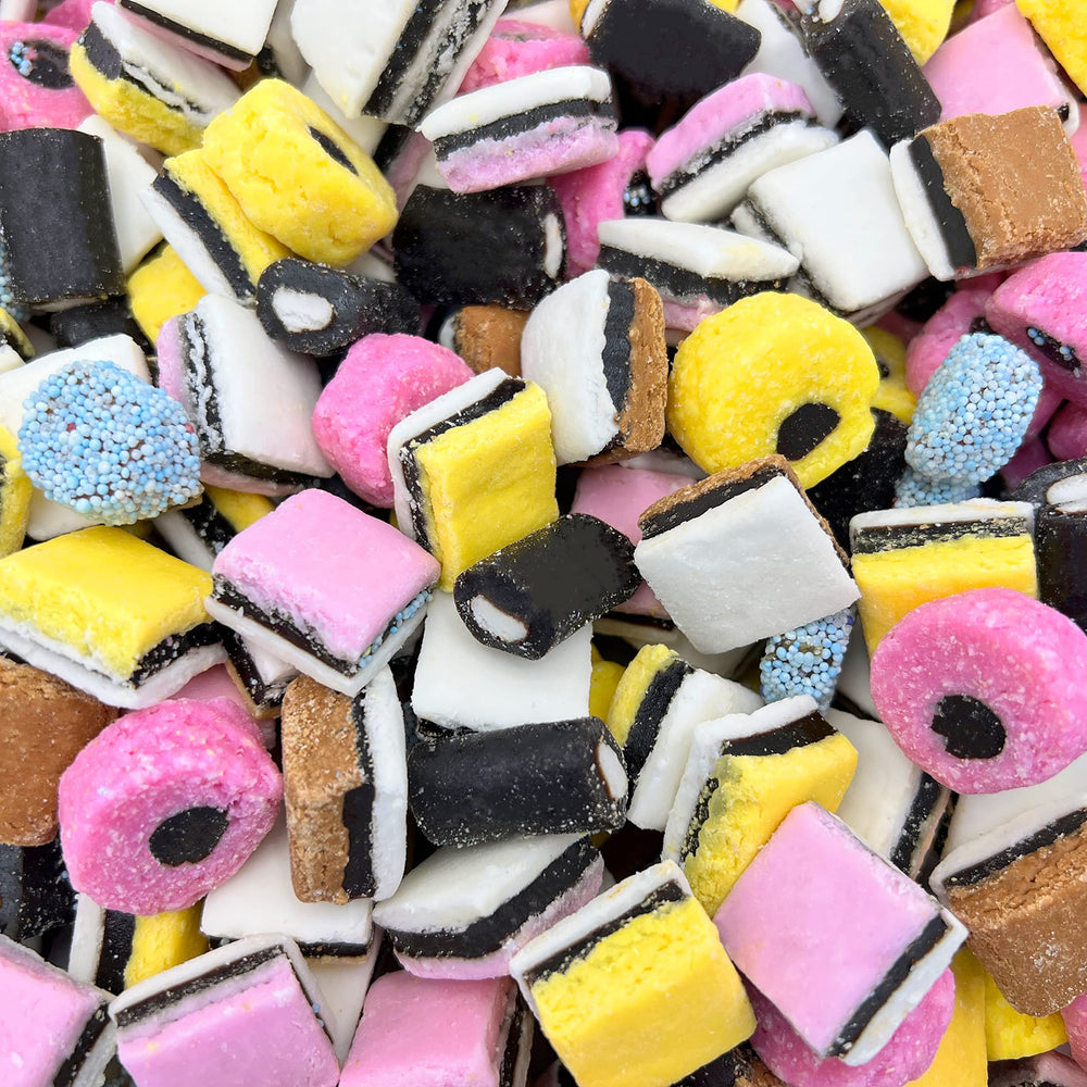 LAETAFOOD Allsort licorice collection shows colorful pieces for nostalgic party decor.