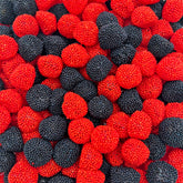 LAETAFOOD red and black berry gummies with crunchy nonpareils for décor.