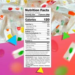 Close-up of fruity jelly bits in LAETAFOOD juju nougat candy.