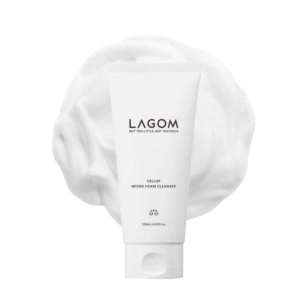 LAGOM Cellup cleanser close-up showing dense micro-bubble foam for gentle cleansing.