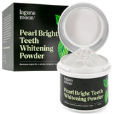 Lagunamoon Teeth Whitening Powder in the jar for brighter smiles and spearmint freshness.