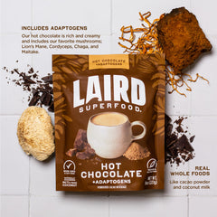 Laird Superfood hot chocolate cocoa powder close-up emphasizing rich Peruvian cacao.