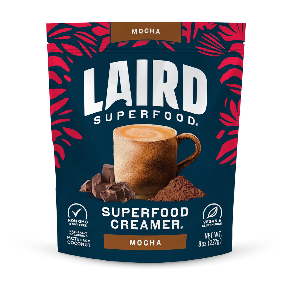 Laird Superfood mocha creamer powder ready to mix into coffee for a dairy-free mocha