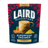 Laird Superfood turmeric coconut creamer bag showcasing dairy-free ingredients and coconut milk powder.