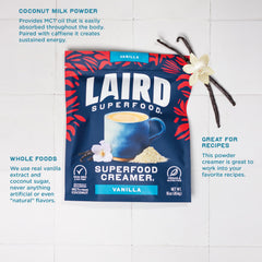 Laird Superfood Vanilla Coconut Creamer dispenser shows smooth pour into cup.