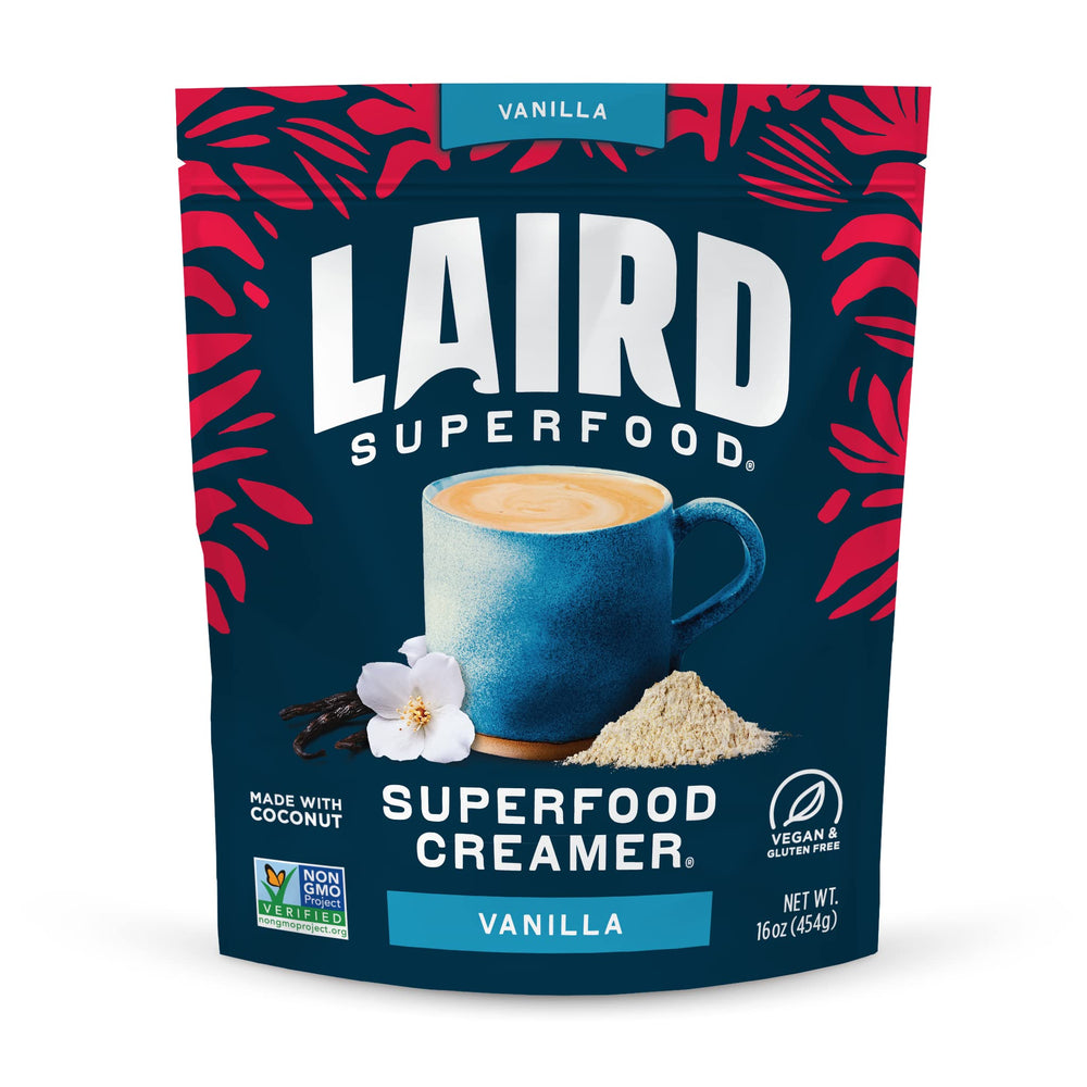 Laird Superfood Vanilla Coconut Creamer jar shows dairy-free coffee option.