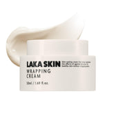 Laka Skin Wrapping Cream bottle close-up highlighting ceramide hydration and barrier support.