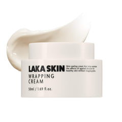Laka Skin Wrapping Cream bottle close-up highlighting ceramide hydration and barrier support.