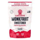 Lakanto Classic Monkfruit Sweetener bag on kitchen counter for baking and drinks.
