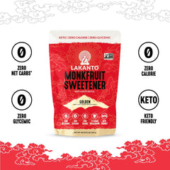 Ingredients label on Lakanto Golden Monk Fruit Sweetener highlighting monk fruit and erythritol