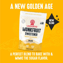 Measuring cup shows cup-for-cup substitution with Lakanto Golden Monkfruit Sweetener.