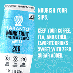 Lakanto Monk Fruit Drops tea glass; zero-calorie sweetness for herbal or black tea.