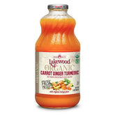 Lakewood carrot-ginger-turmeric juice bottle front, vibrant color for daily nourishment.