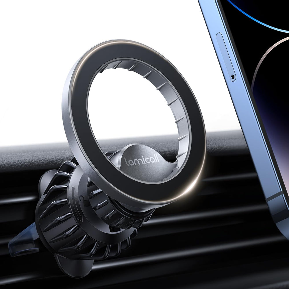 Lamicall MagSafe car mount with 20 magnets for a secure hold and safe driving.