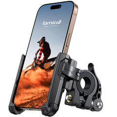 Lamicall motorcycle mount front view demonstrating secure hold on handlebars.