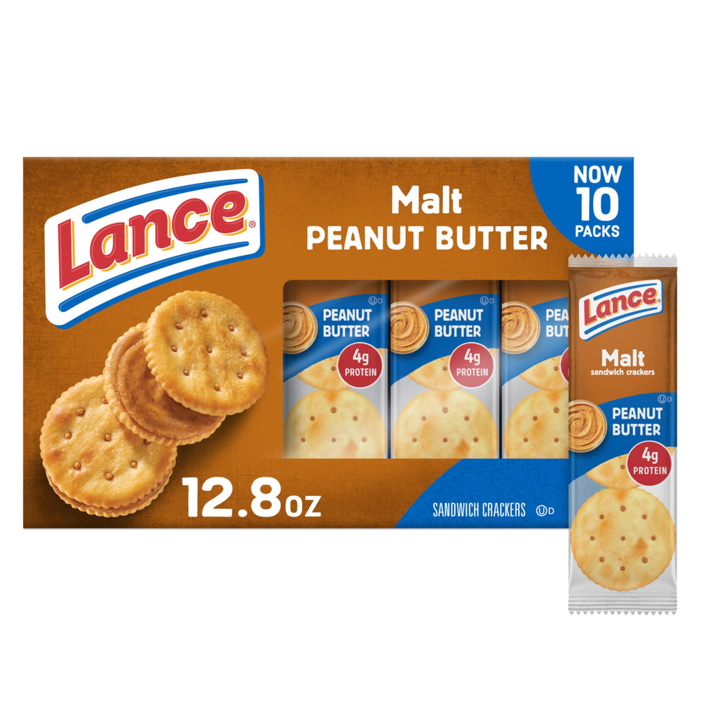 Lance malt with peanut butter crackers pack front, convenient on-the-go snack.
