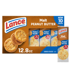 Lance malt with peanut butter crackers pack front, convenient on-the-go snack.