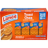 Lance ToastChee peanut butter sandwich crackers pack front, ideal for quick lunches.