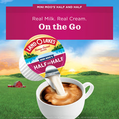 Land O Lakes Mini Moos half and half single-pack beside a steaming mug