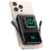 LanLuk magnetic portable charger with built-in cables for wireless and wired charging on the go.