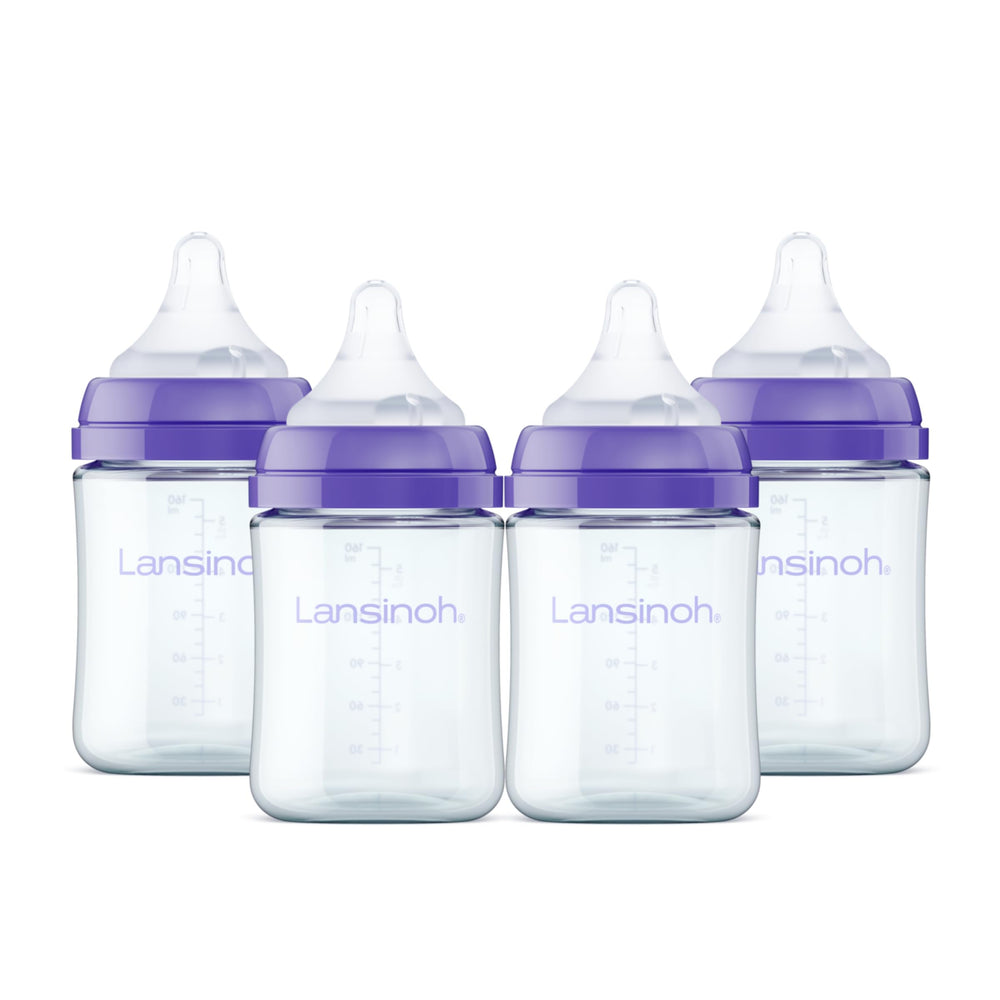 Lansinoh anti-colic glass bottle 5 oz four-pack XS supports calmer feeds.