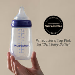 Lansinoh bottle with soft nipple supports natural latch for easy transitions