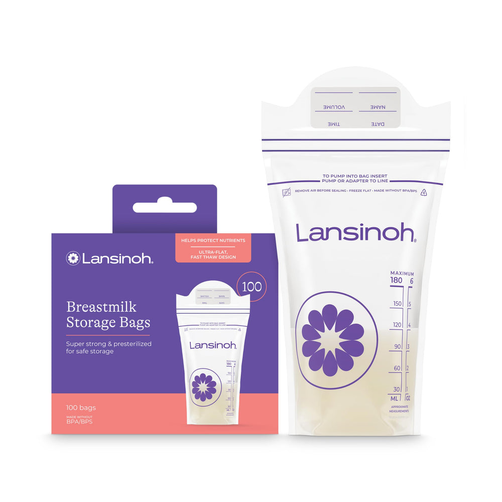 Lansinoh bag with flat-freeze design to maximize freezer space.