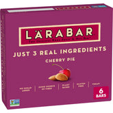 LÄRABAR Cherry Pie bar close-up showing three simple ingredients: dates, almonds, cherries.