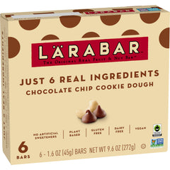 LÄRABAR Chocolate Chip Cookie Dough bar packaging featuring six simple ingredients.