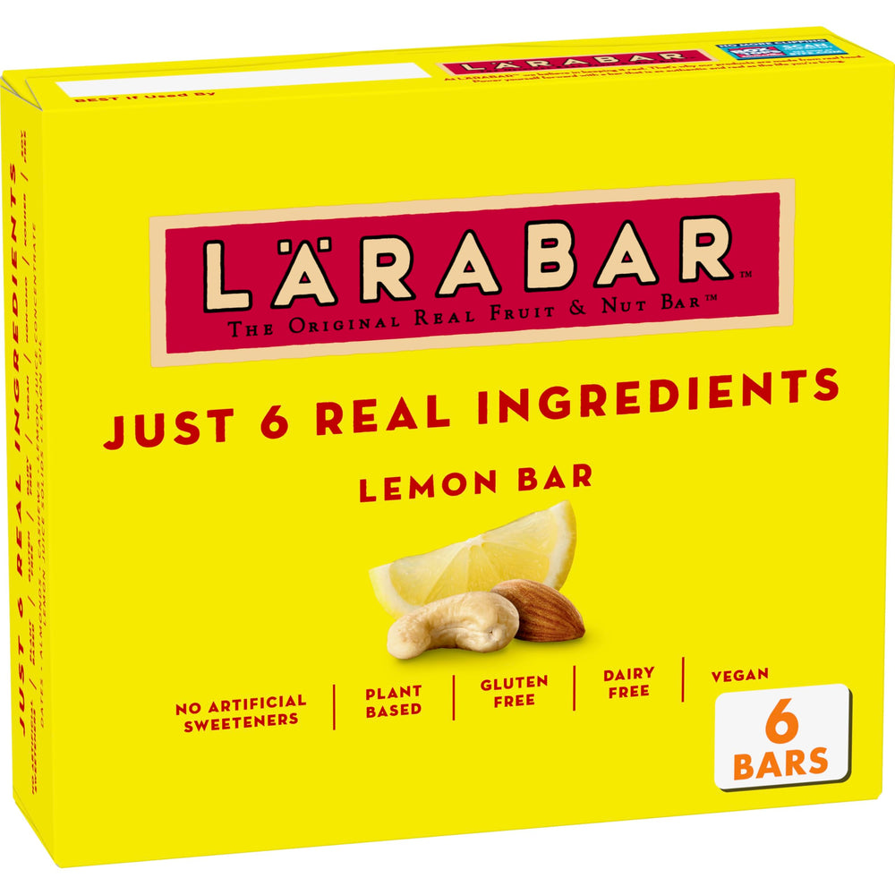 LÄRABAR Lemon Bar packaging shows six bars for convenient on-the-go snacking.