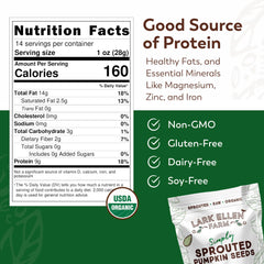 Lark Ellen Farm organic pumpkin seeds in resealable bag for fresh crunch.