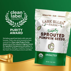Lark Ellen Farm sprouted pumpkin seeds in resealable bag for fresh snacking.