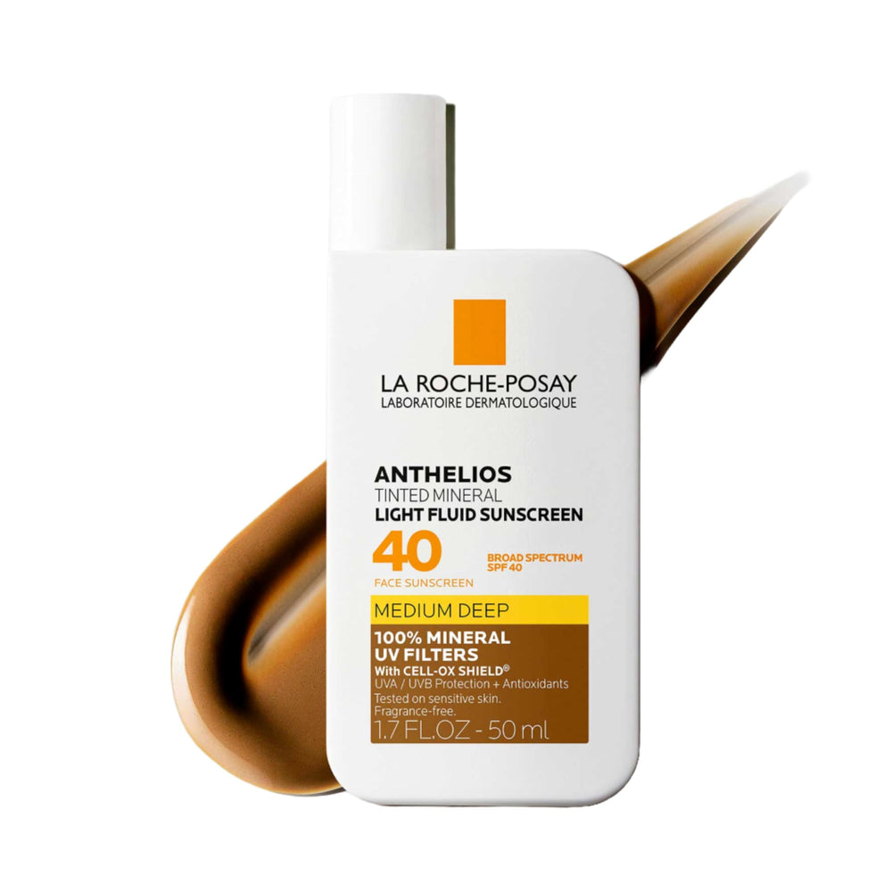 La Roche-Posay Anthelios tinted mineral sunscreen bottle with mineral protection for a natural finish.