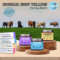 LASSO TALLOW grass-fed tallow in glass jar suggests rich, balanced skin nourishment