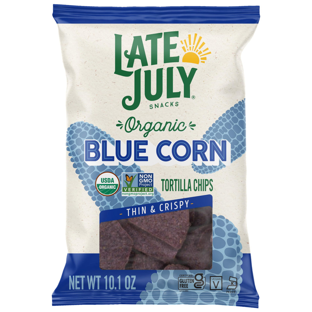 Late July blue corn tortilla chips bag front, ideal party snack.