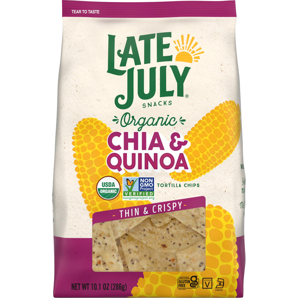 Late July chia-quinoa tortilla chips in a bag, gluten-free snack