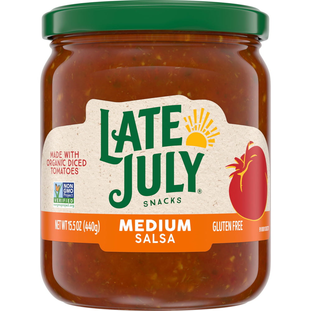 Late July Medium Salsa jar close-up, perfect for dipping chips at gatherings.
