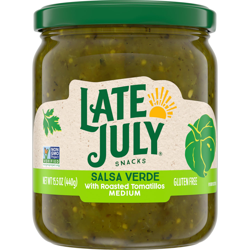 Late July Salsa Verde closeup of roasted tomatillos for vibrant flavor.